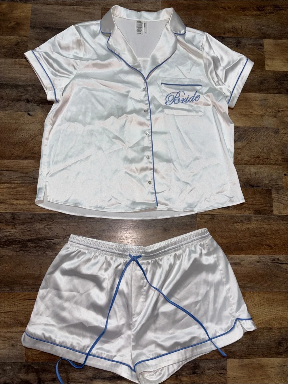Lulus™️ | Bride Satin Short Sleeve Pajama Set in White with Blue Trim | Size XL